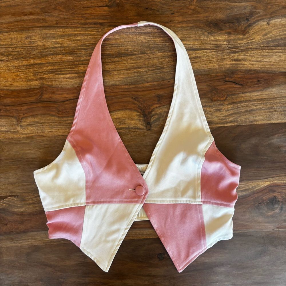 Pink and Cream Checkered Cropped Button Up Halter Top